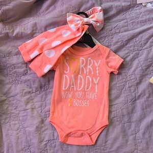 Brand New Baby onesie with matching leg warmers and bow